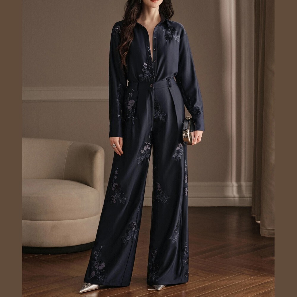 Navy Blue Floral Embroidered Button Front Shirt and Pleated Wide Leg Pants Set